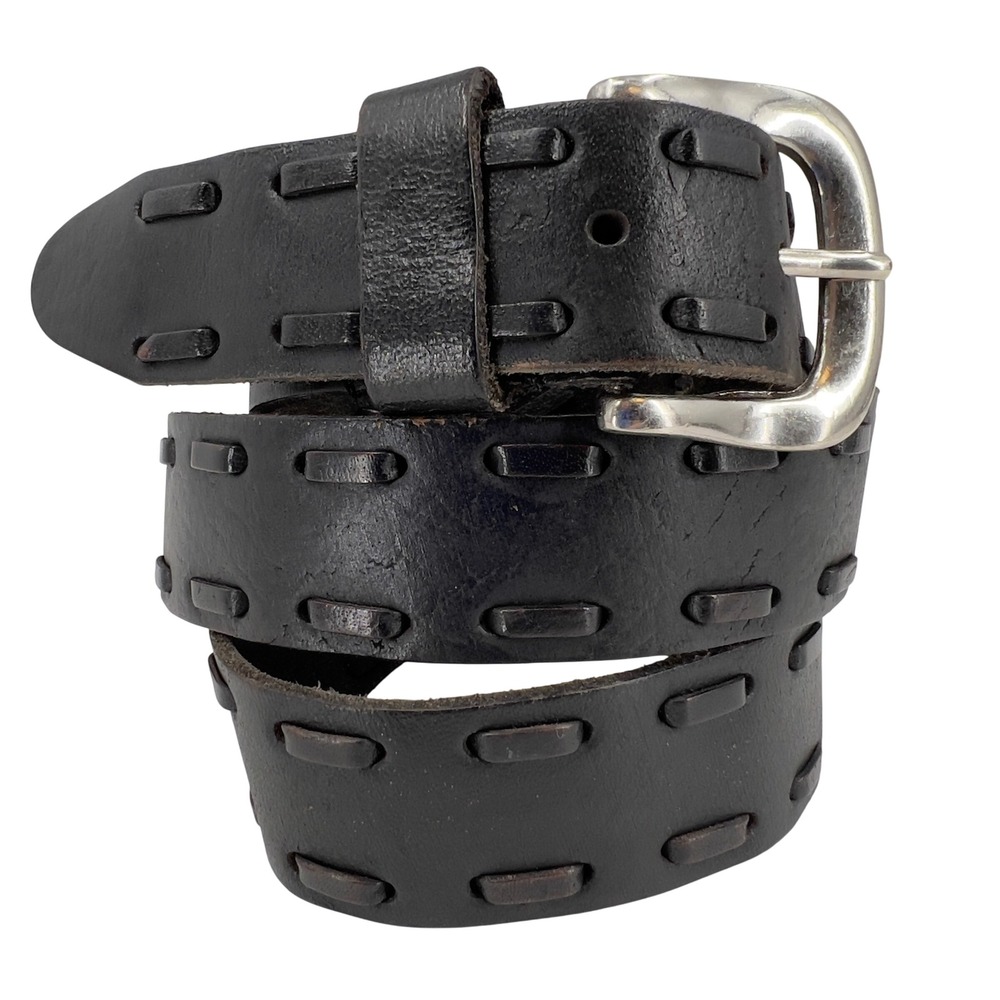 Vintage Y2K Mens Black Leather Laced Belt Solid Brass Buckle Indie Boho Sz 34